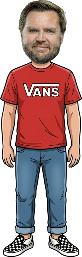 JD Vance in a red vans tee, jeans and checkerboard vans slip-ons